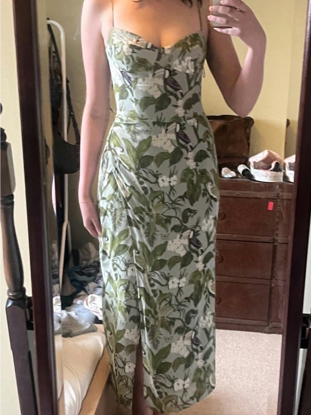 Reformation Kourtney Toucan Floral Strapless Green Maxi Dress with Side Slit - Picture 2 of 2